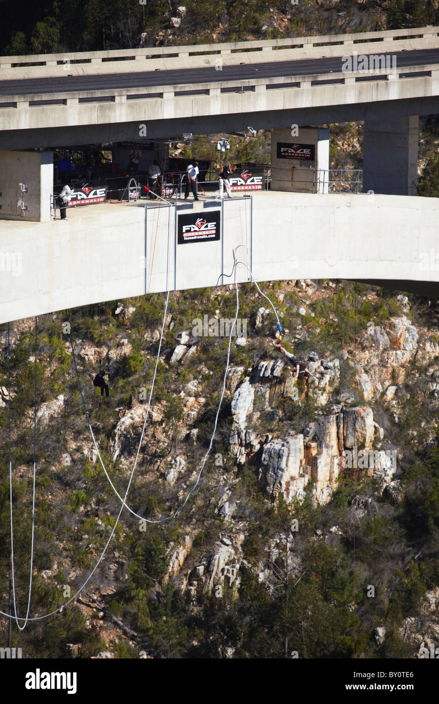 Person bungy jumping off Bloukrans River Bridge (site of world's highest bungy jump), Storms River, Eastern Cape, South Africa Stock Photo