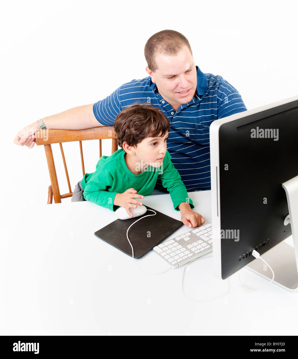 father and children with desktop computer isolated on white Stock Photo ...