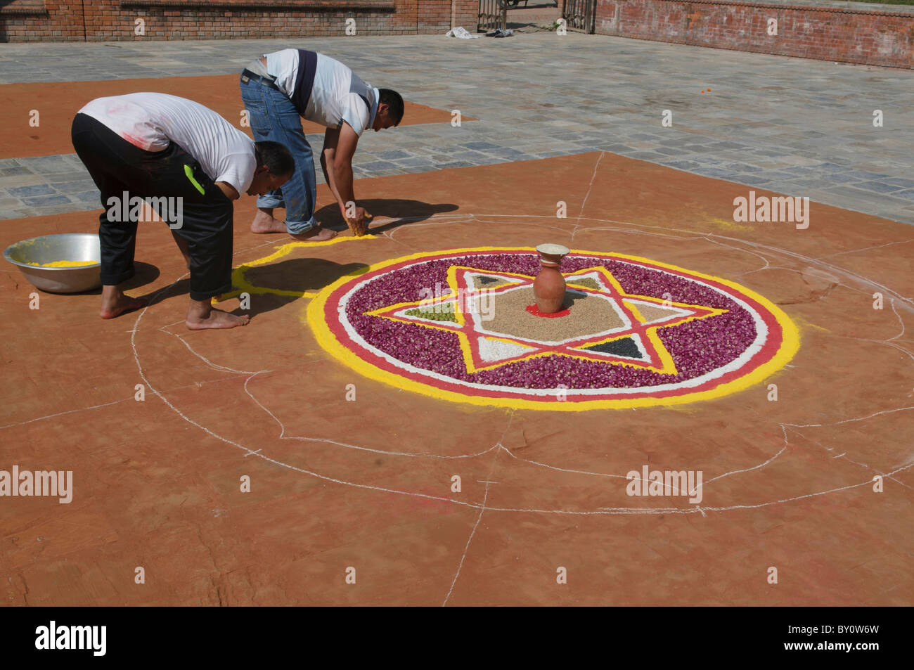 creating a mandala for the Tihar Festival in Kathmandu, Nepal Stock Photo