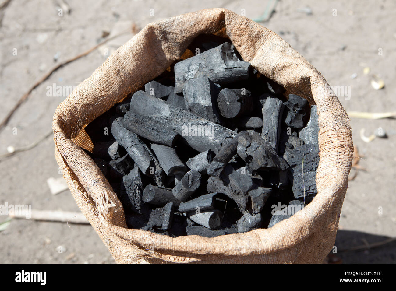 NAMPULA, MOZAMBIQUE, May 2010 The sacks of charcoal sell for 100 MT