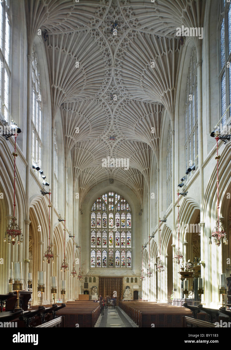 Bath Abbey, nave looking east. Ceiling fan vaulting part of Sir George Gilbert Scott's 1860s restoration Stock Photo