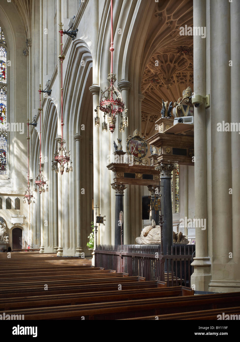 Bath Abbey, nave looking west, with north nave arcade and tomb of Bishop James Montagu.  Perpendicular Gothic architecture. Stock Photo