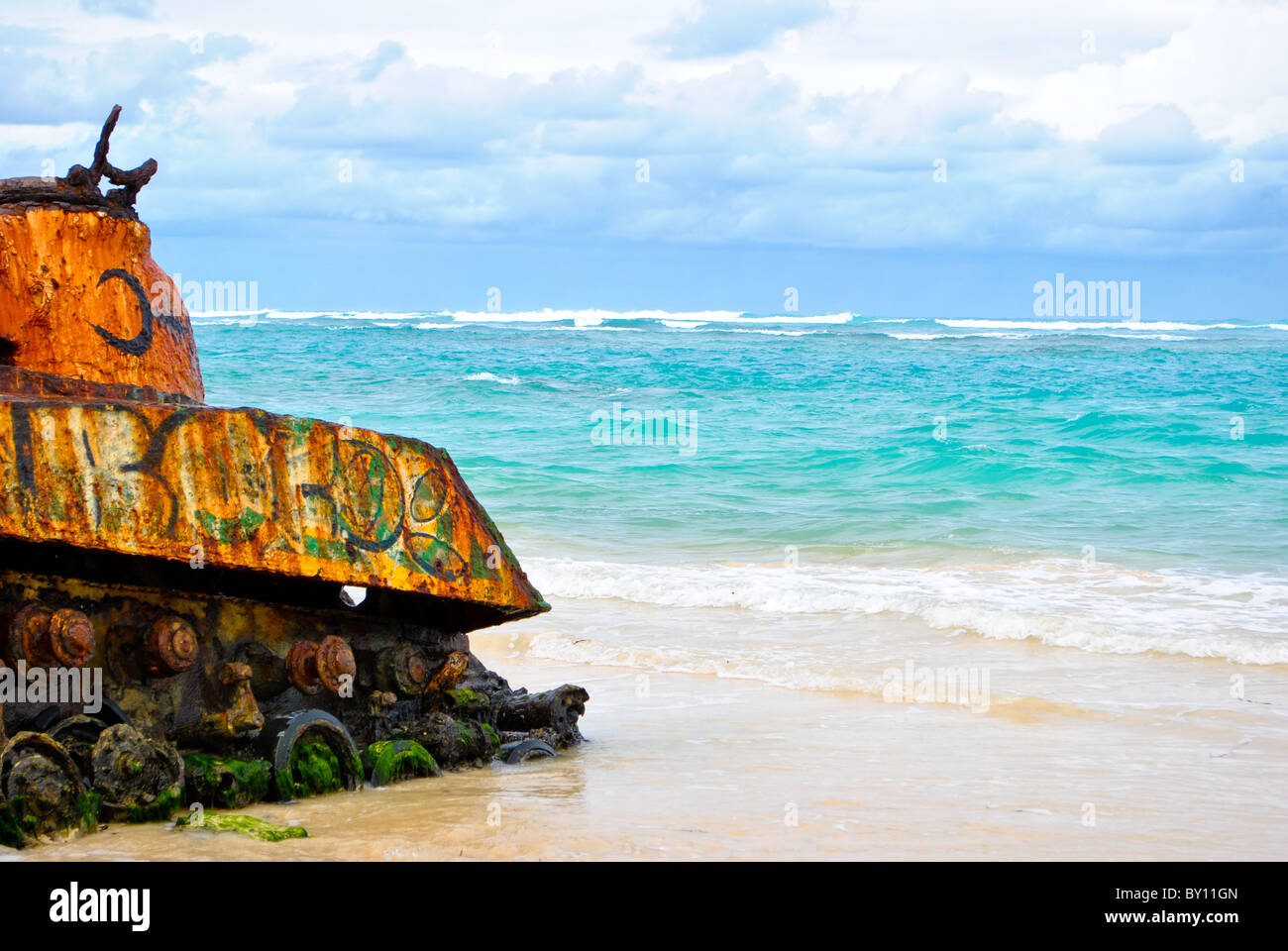 Tank on the beach. Stock Photo