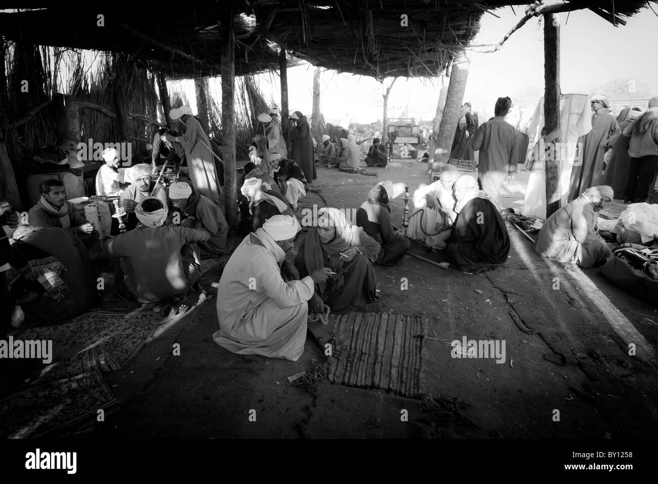 Black and white image of men relaxing, talking, smoking and tea drinking in a shelter at Luxor Camel Market Egypt Africa Stock Photo