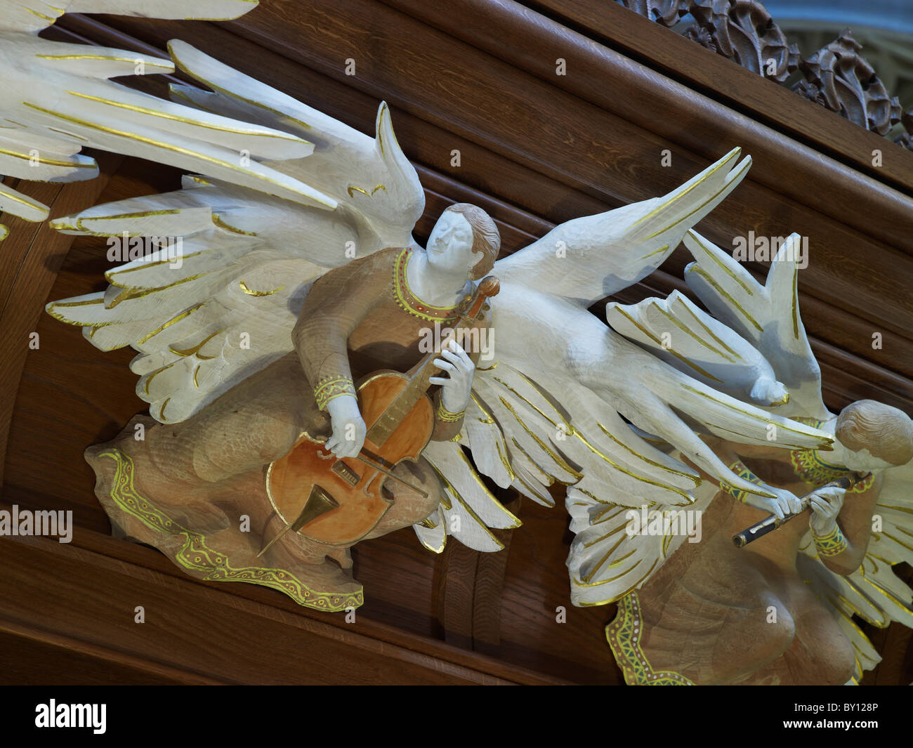 Bath Abbey, organ & frieze of angel musicians Stock Photo