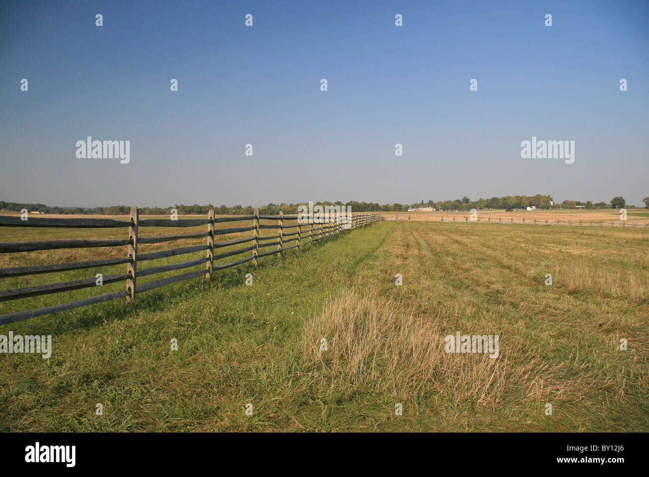 View along fence line across the Picketts Charge area of the Battle of Gettysburg, Gettysburg National Military Park, Pa. Stock Photo