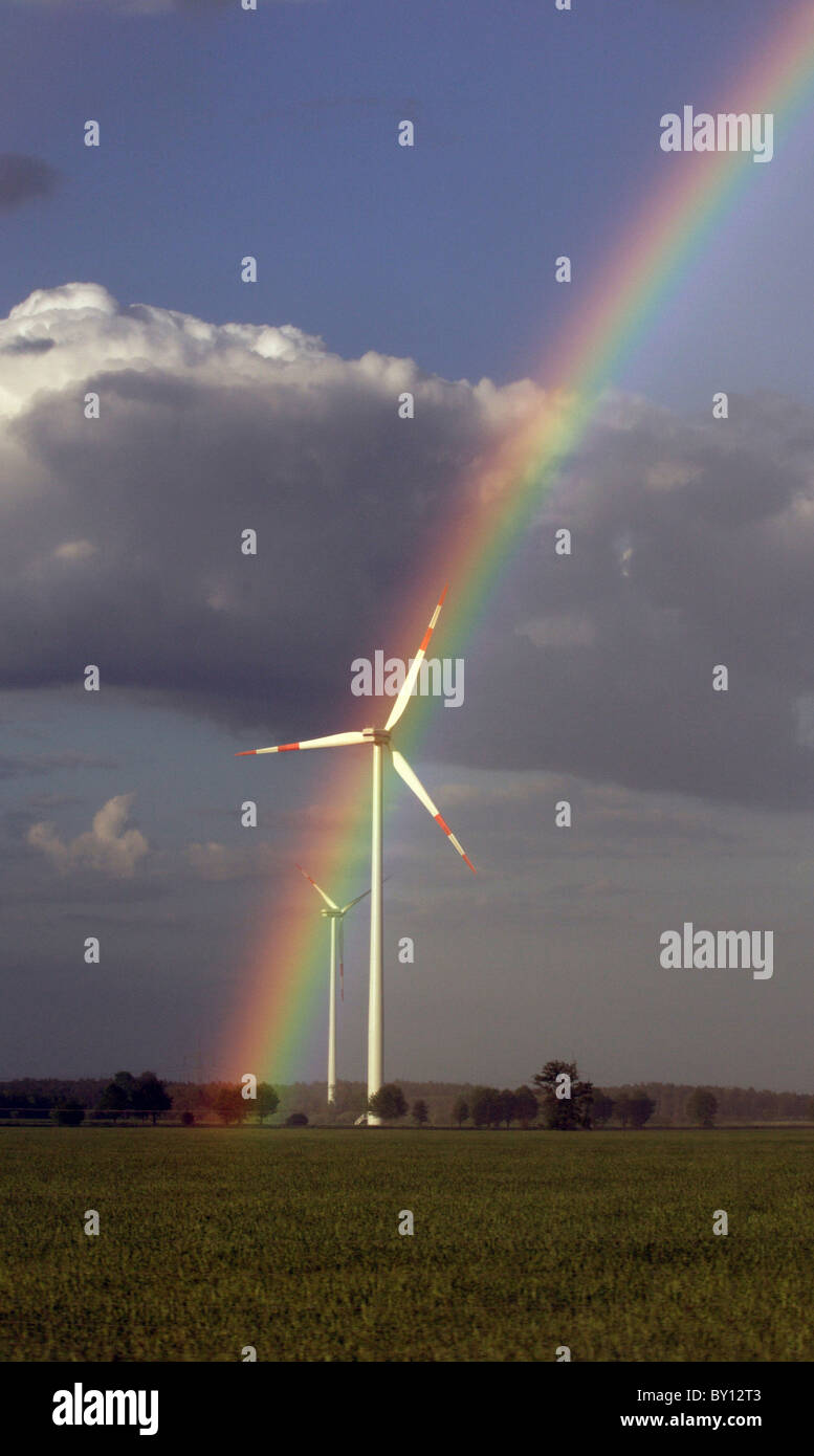 Rainbow over a windmill, Freiwalde, Germany Stock Photo