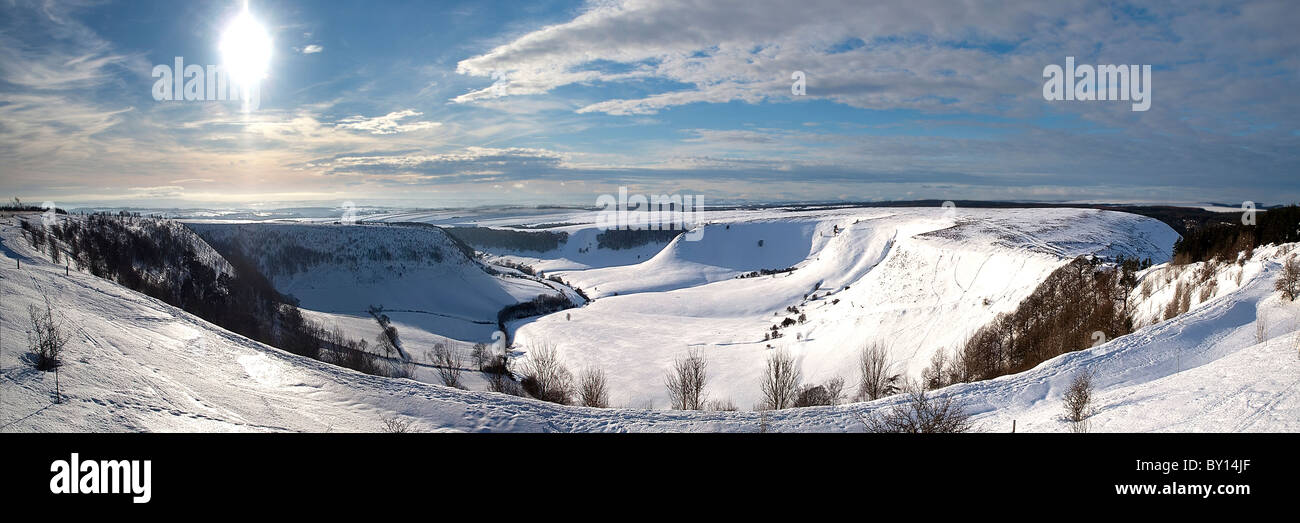 Panorama  of the Hole of Horcum in Winter, snow lies deep at this North Yorkshire beauty spot. Stock Photo