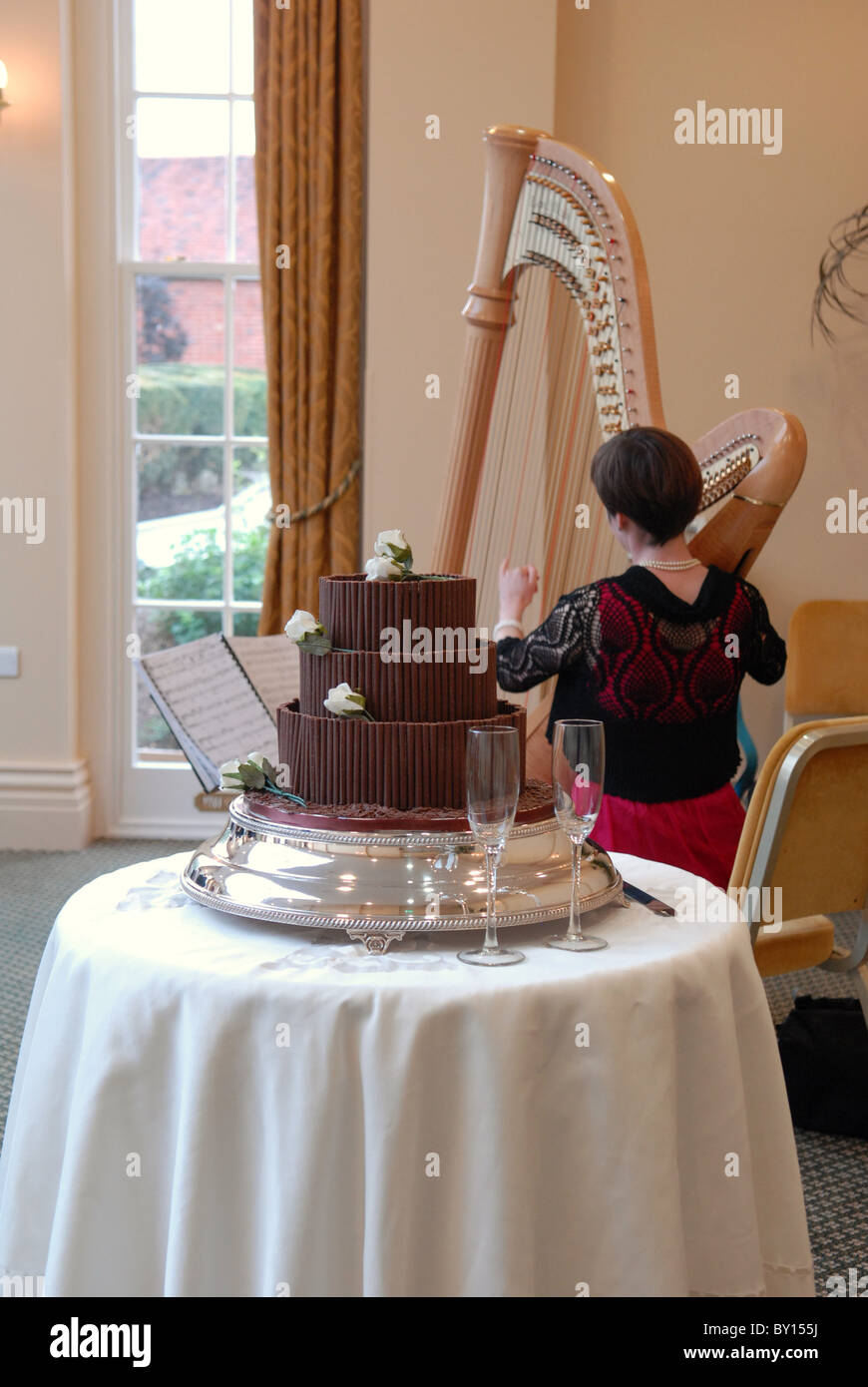 Chocolate wedding cake and champagne flutes with female harp player in