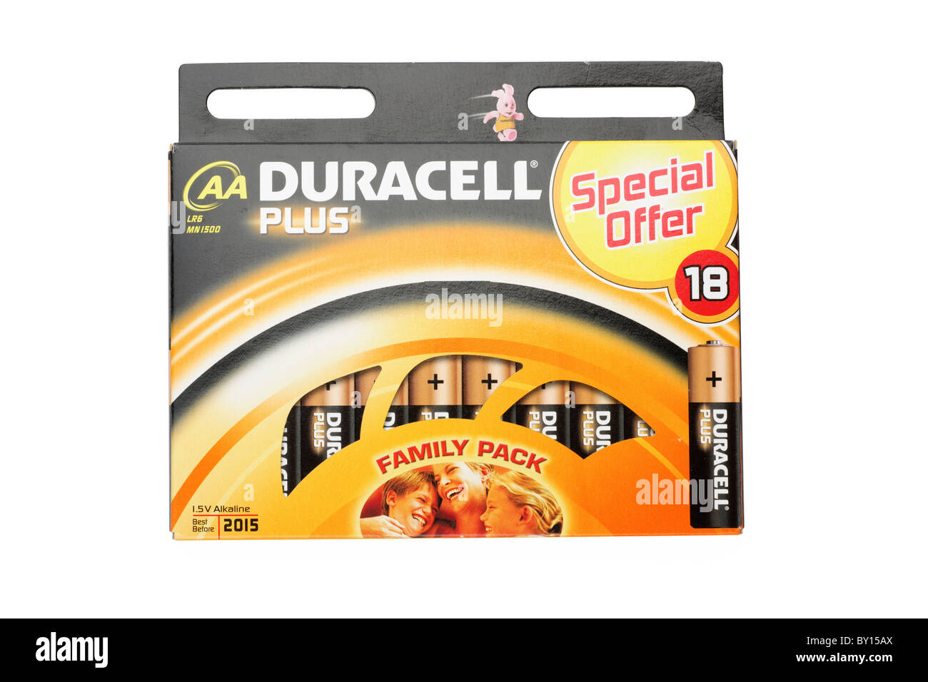 18 box of special offer family pack Duracell AA alkaline Batteries best before date 2015 Stock Photo