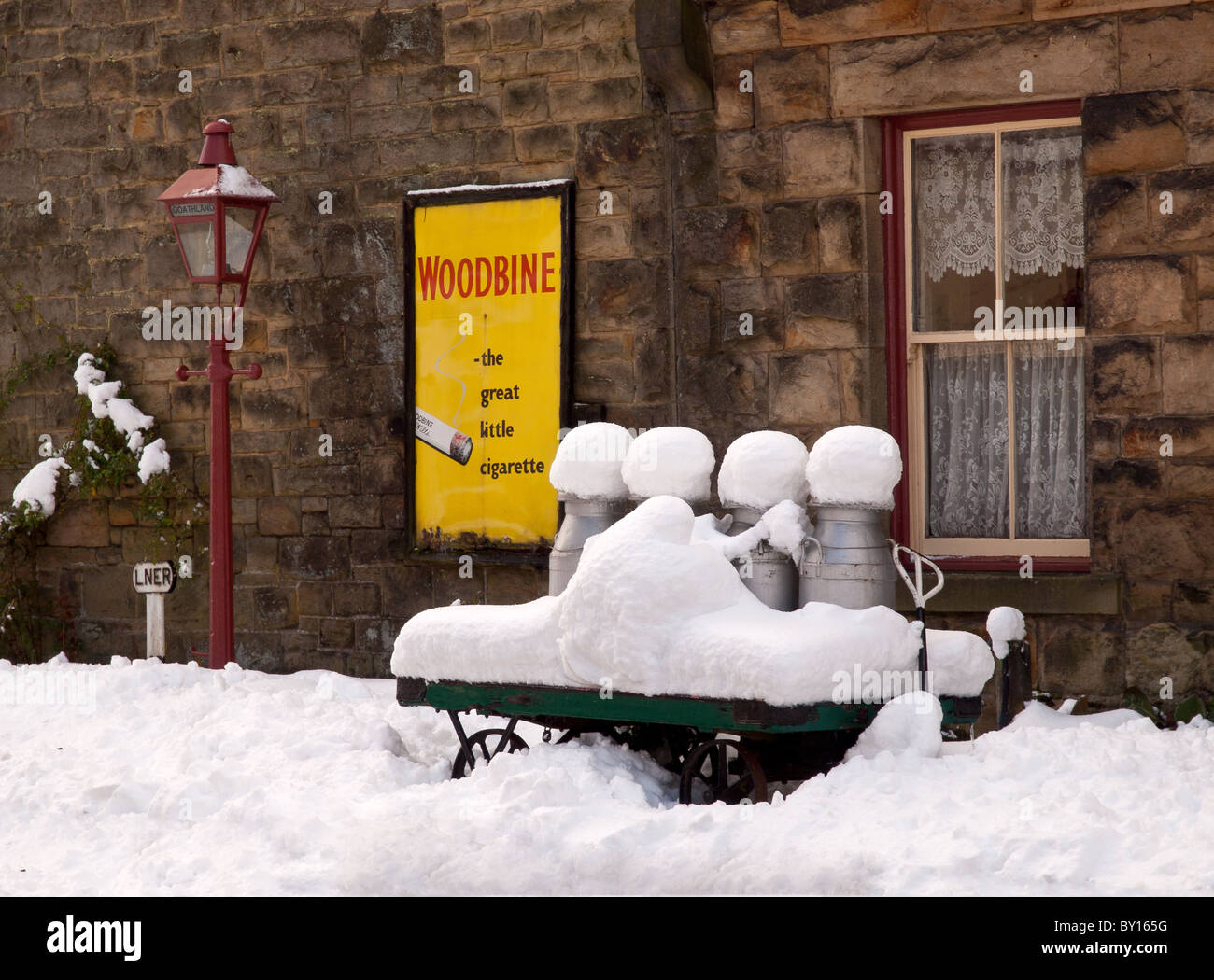A detail of Goathland Station after record snow on the Yorkshire Moors Stock Photo