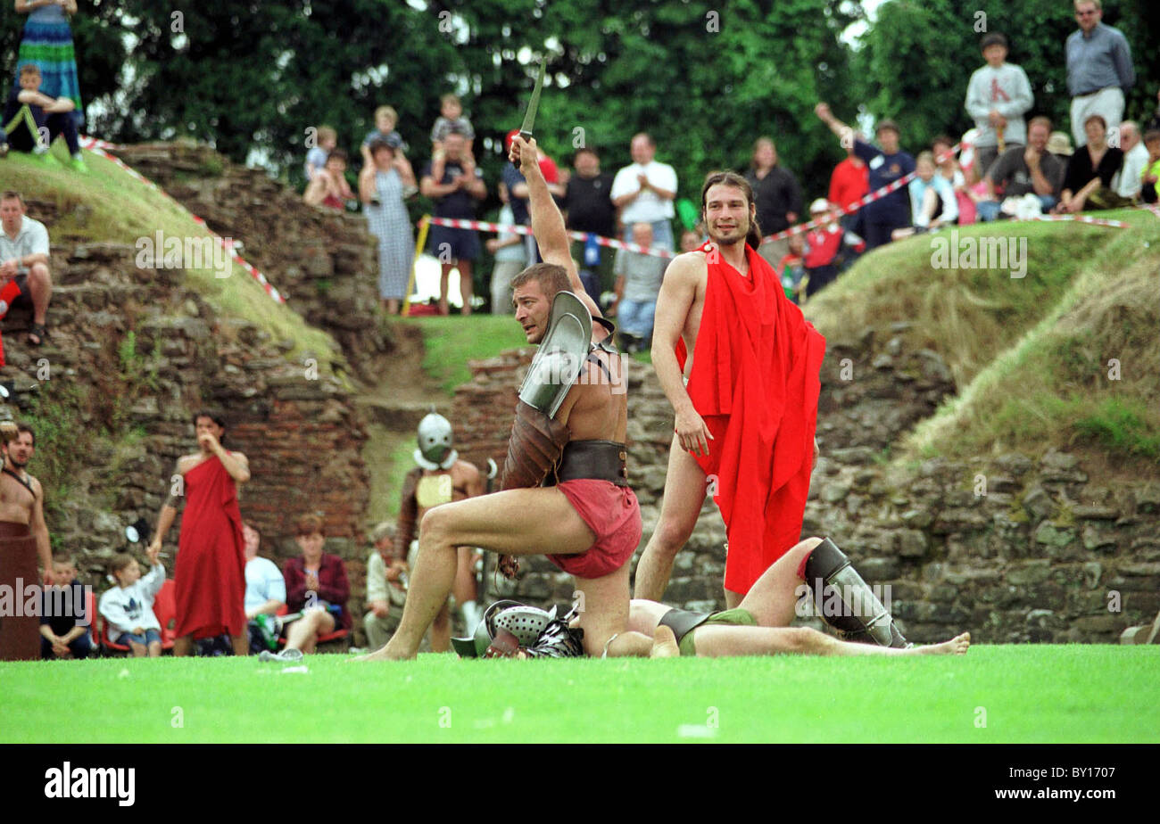 Roman Reenactment, Caerleon Amphitheatre. Stock Photo