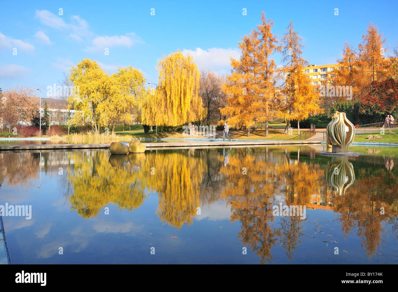 Trees in autumn reflecting in a water Stock Photo - Alamy