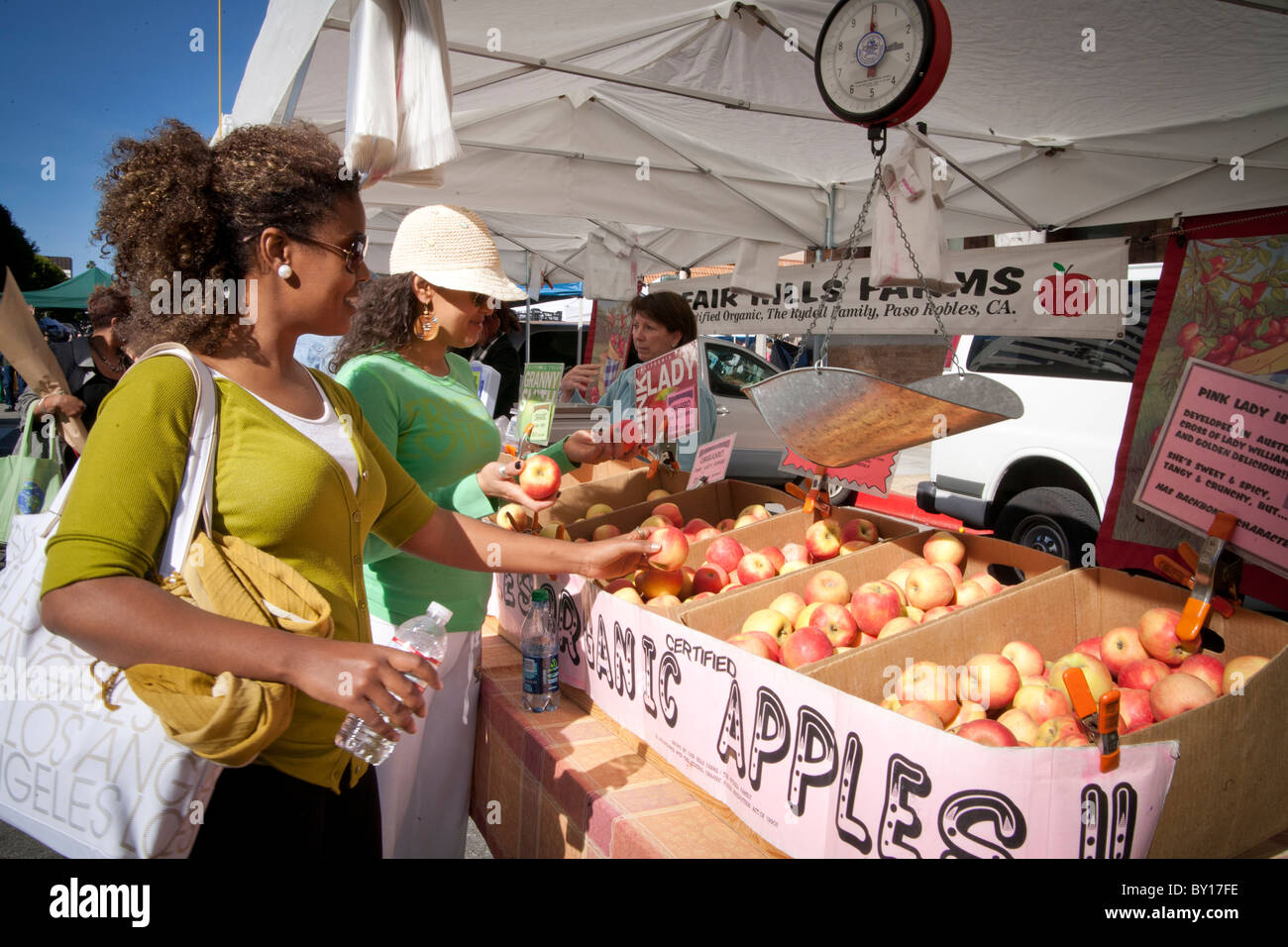 African American woman buying apples in Santa Monica CA farmers market Stock Photo