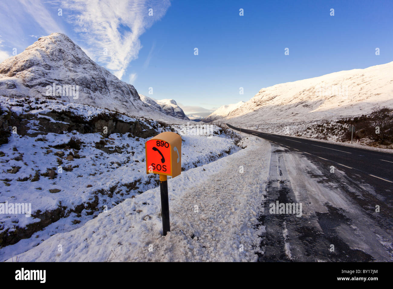 SOS Call box in a layby on the A82 into Glencoe. Stock Photo