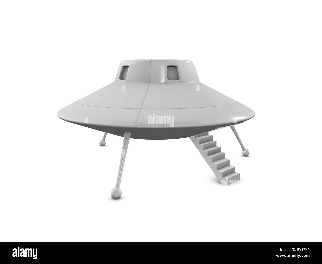 3d rendering fictional UFO landing on earth, isolated on white background. Stock Photo