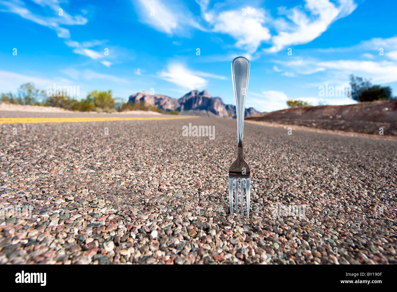 A fork in the road infers a decision point in ones life. Stock Photo