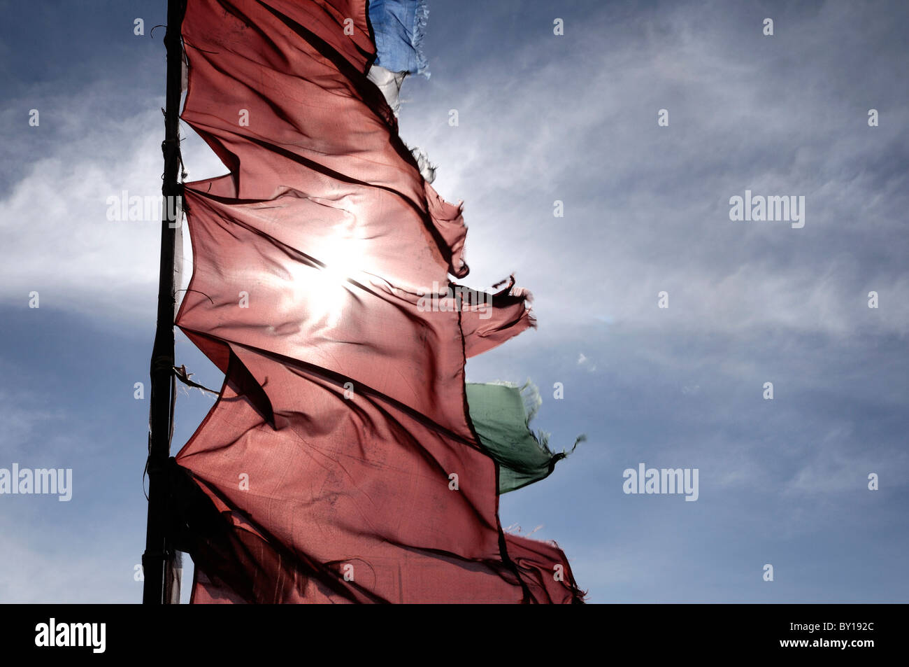 Tibetan style prayer flag in Spitit Valley, India. Stock Photo