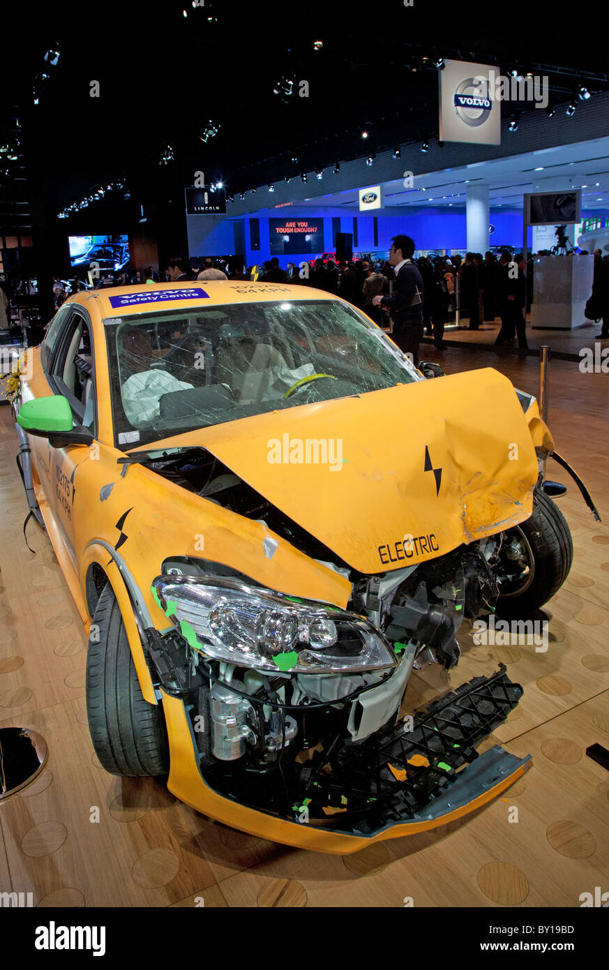 Detroit, Michigan - A crash-tested Volvo C30 electric car on display at the North American International Auto Show. Stock Photo