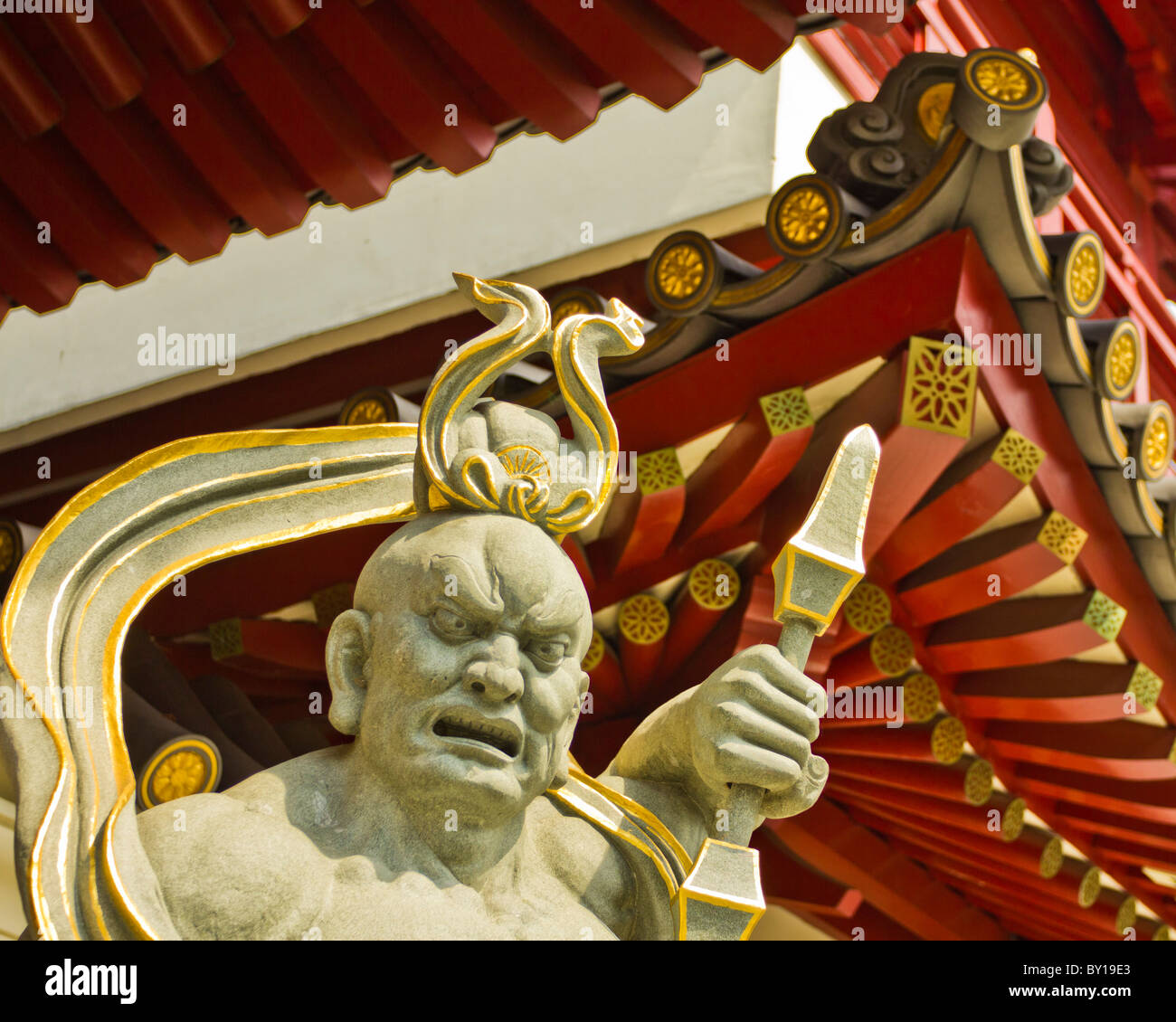 Closeup of Statue Dvarapala Sanskrit guard outside the chinese buddist