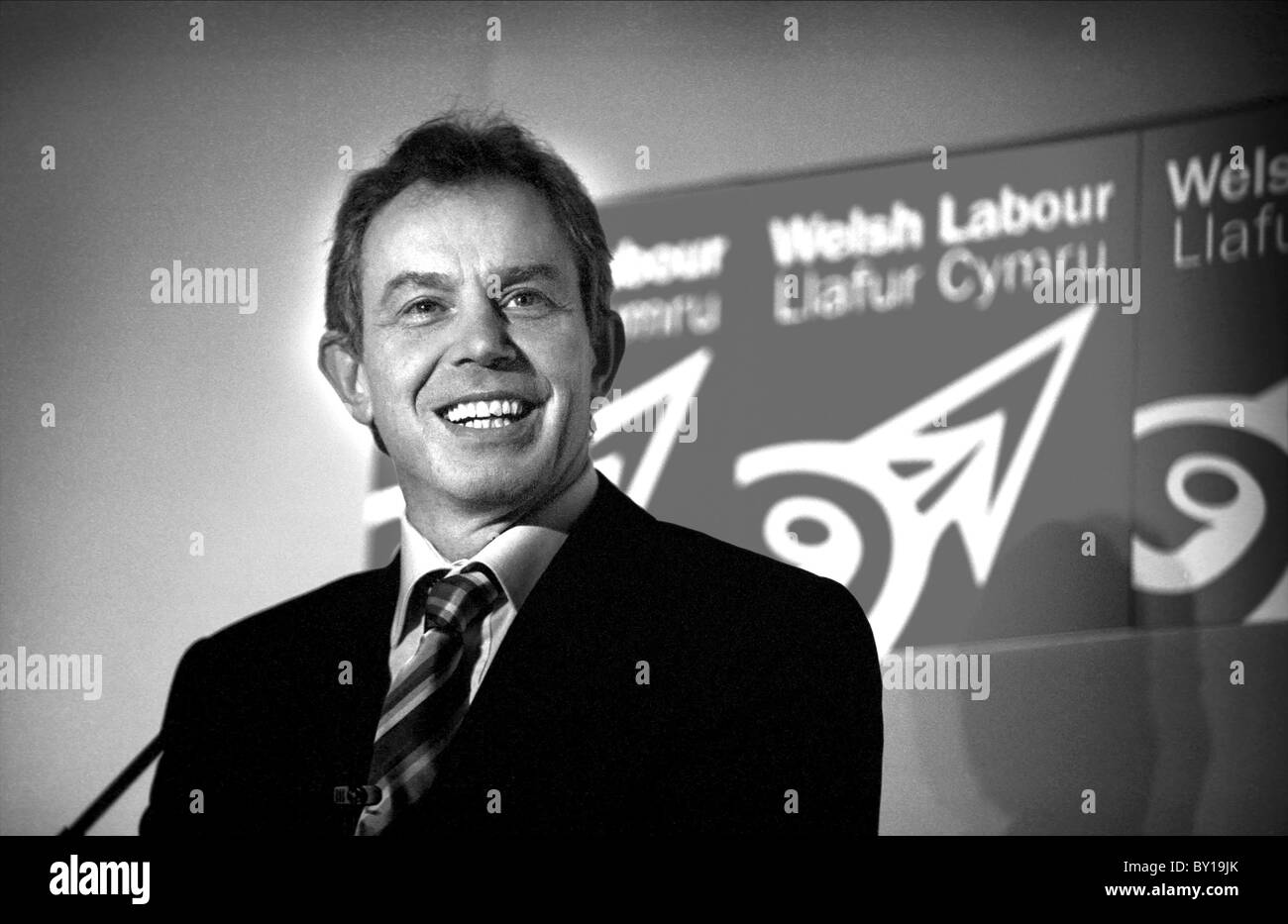 Black and white photo of a smiling Tony Blair. Stock Photo