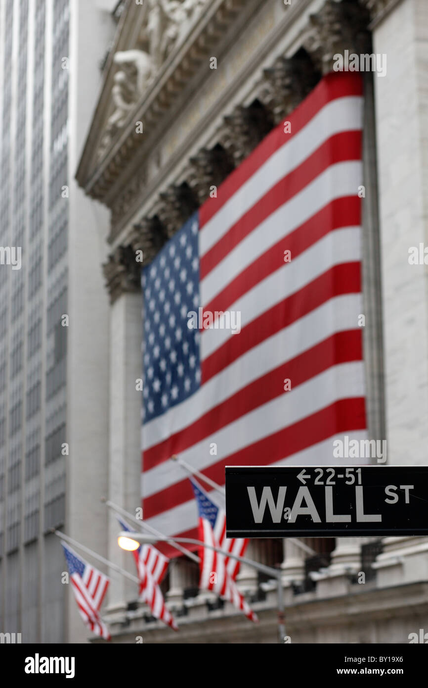 NYSE and Wall Street street sign, New York City, United States of America Stock Photo
