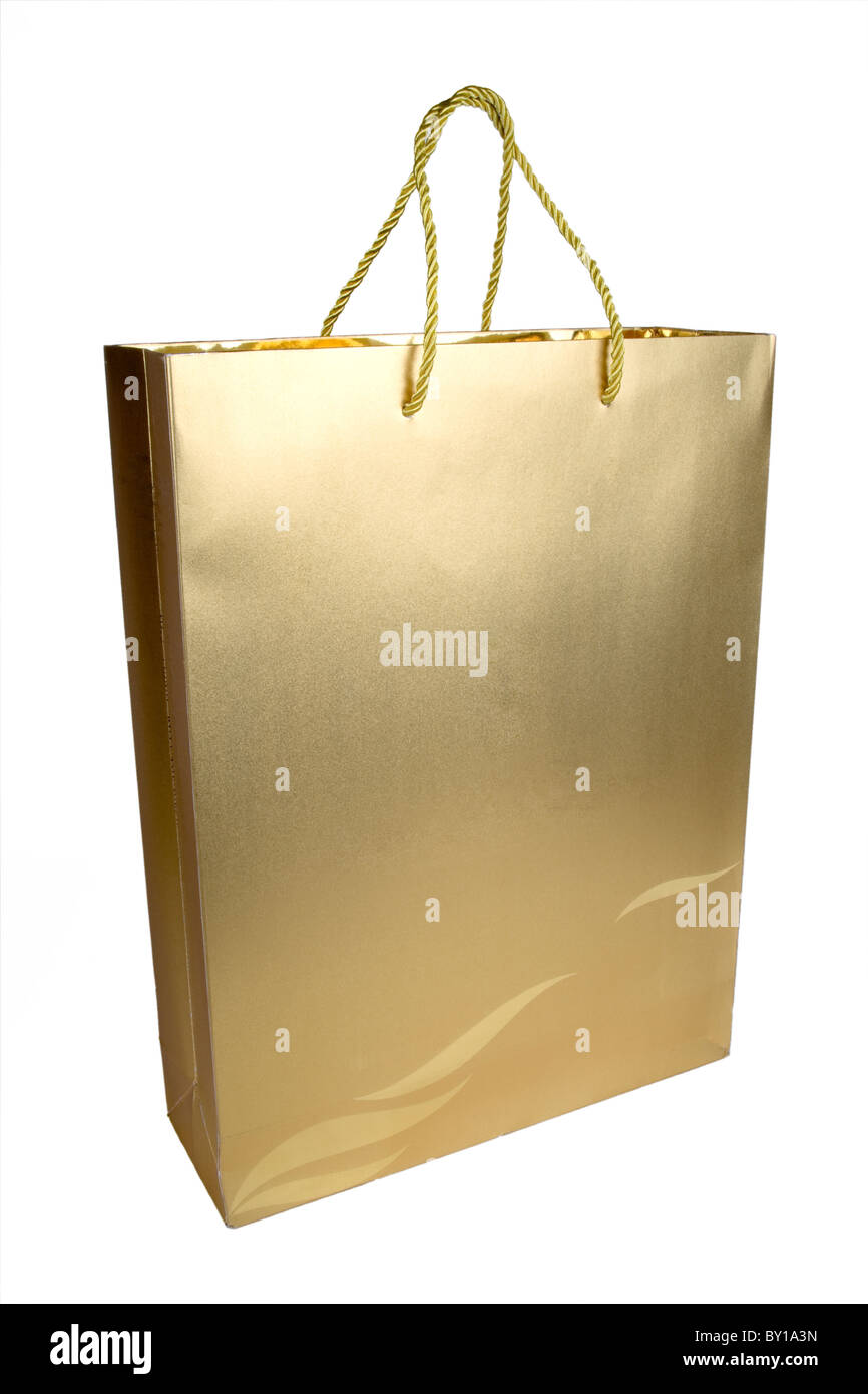 Golden Shopping Bag close up shot Stock Photo