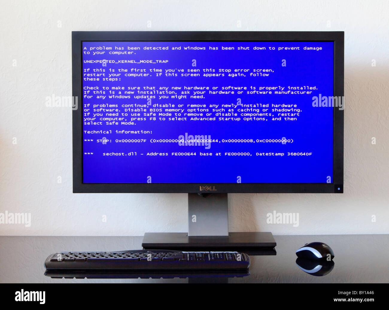 Windows PC showing an error message, commonly known as the 'Blue Screen of Death'. Stock Photo