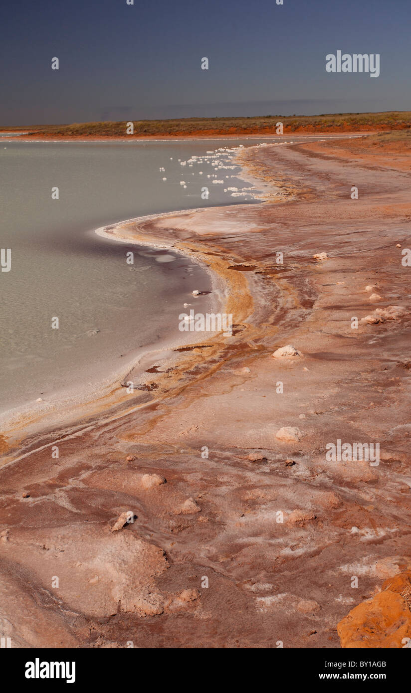 Salt encrusted multi-coloured shore, salt works, Onslow, Pilbara, Western Australia Stock Photo