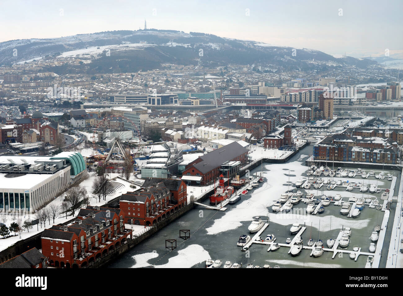 View from restaurant art top of Swansea Tower , looking east over the marina to Kilvey hill in the snow Stock Photo