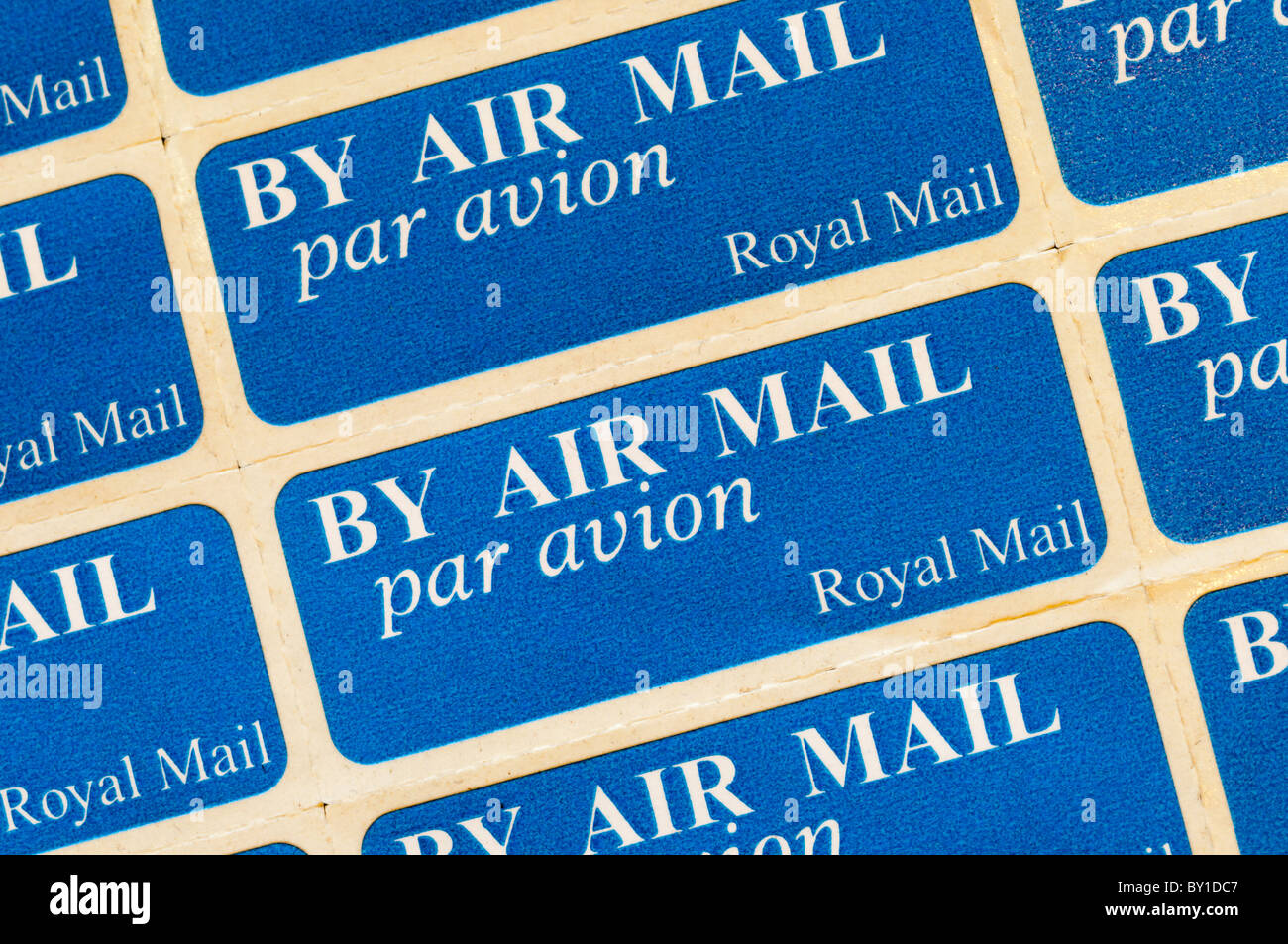 A sheet of blue Par Avion / By Air Mail stickers Stock Photo