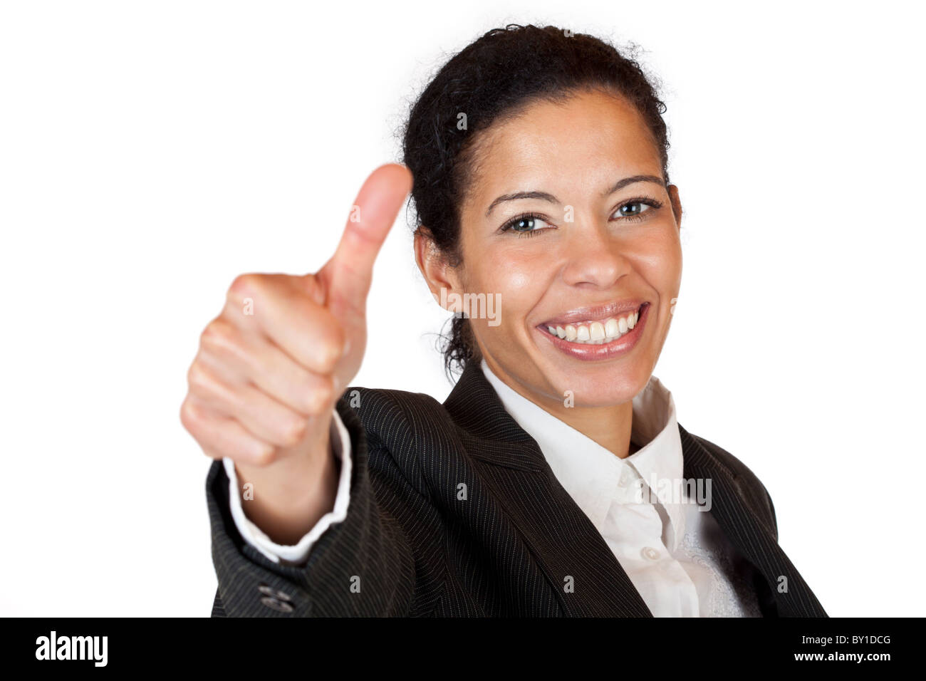 Smiling self confident business woman shows thumb up. Isolated on white ...
