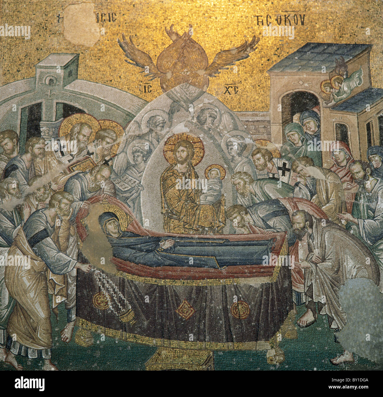 Byzantine Art. Mosaic. The Dormition of the Virgin. St. Saviour in Chora or Kariye Camii. Istanbul. Turkey. Stock Photo