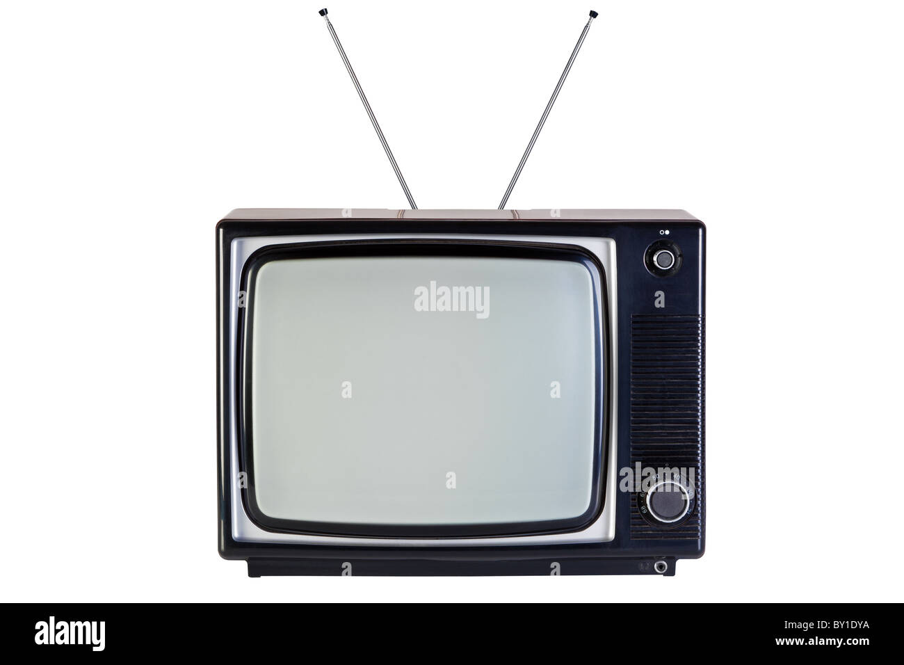 Photo of an old retro black and white tv set, isolated on a white background, with clipping paths for television and the screen. Stock Photo