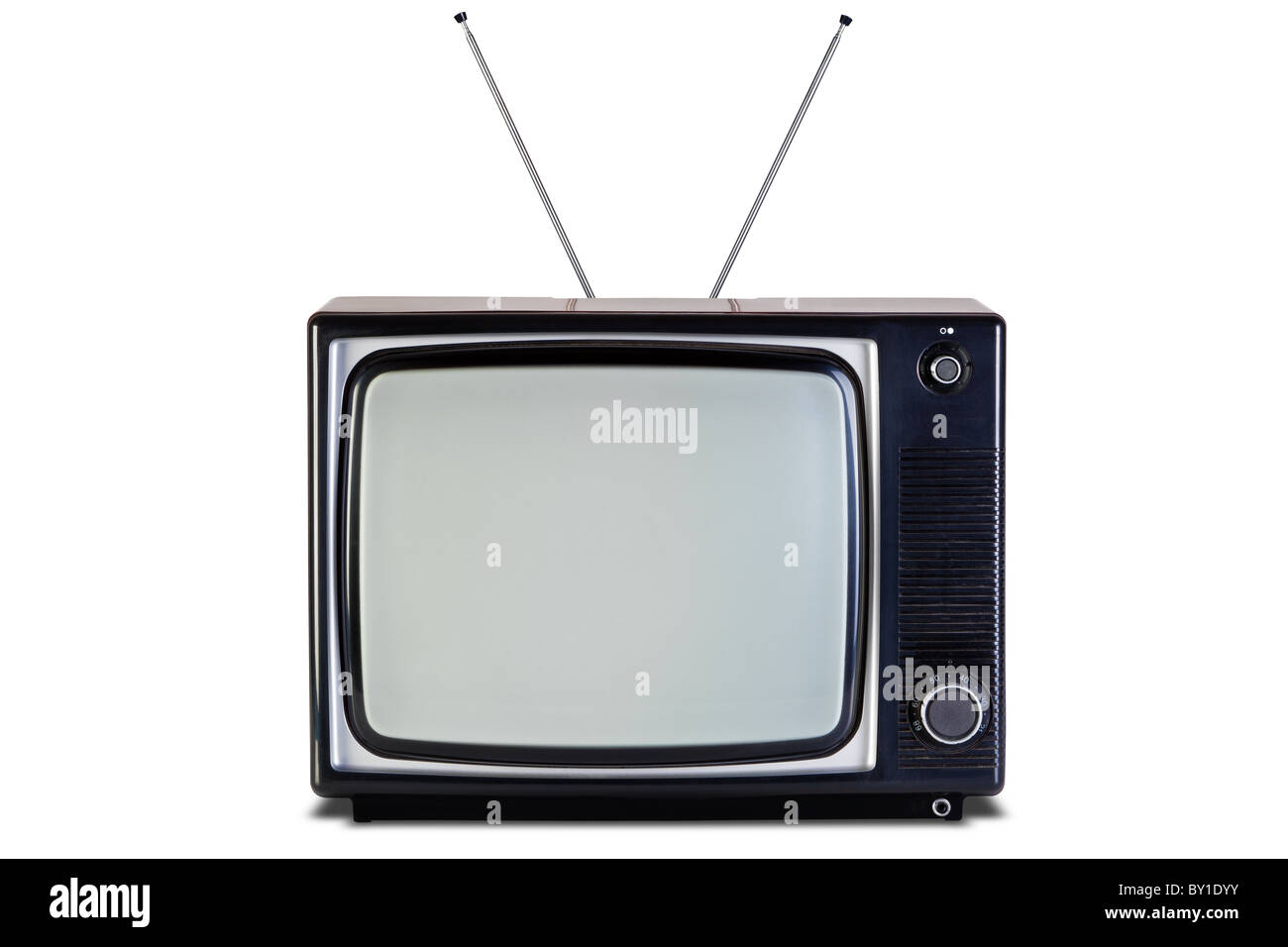 Old retro black and white tv set, isolated on a white background, with clipping paths for television and the screen. Stock Photo