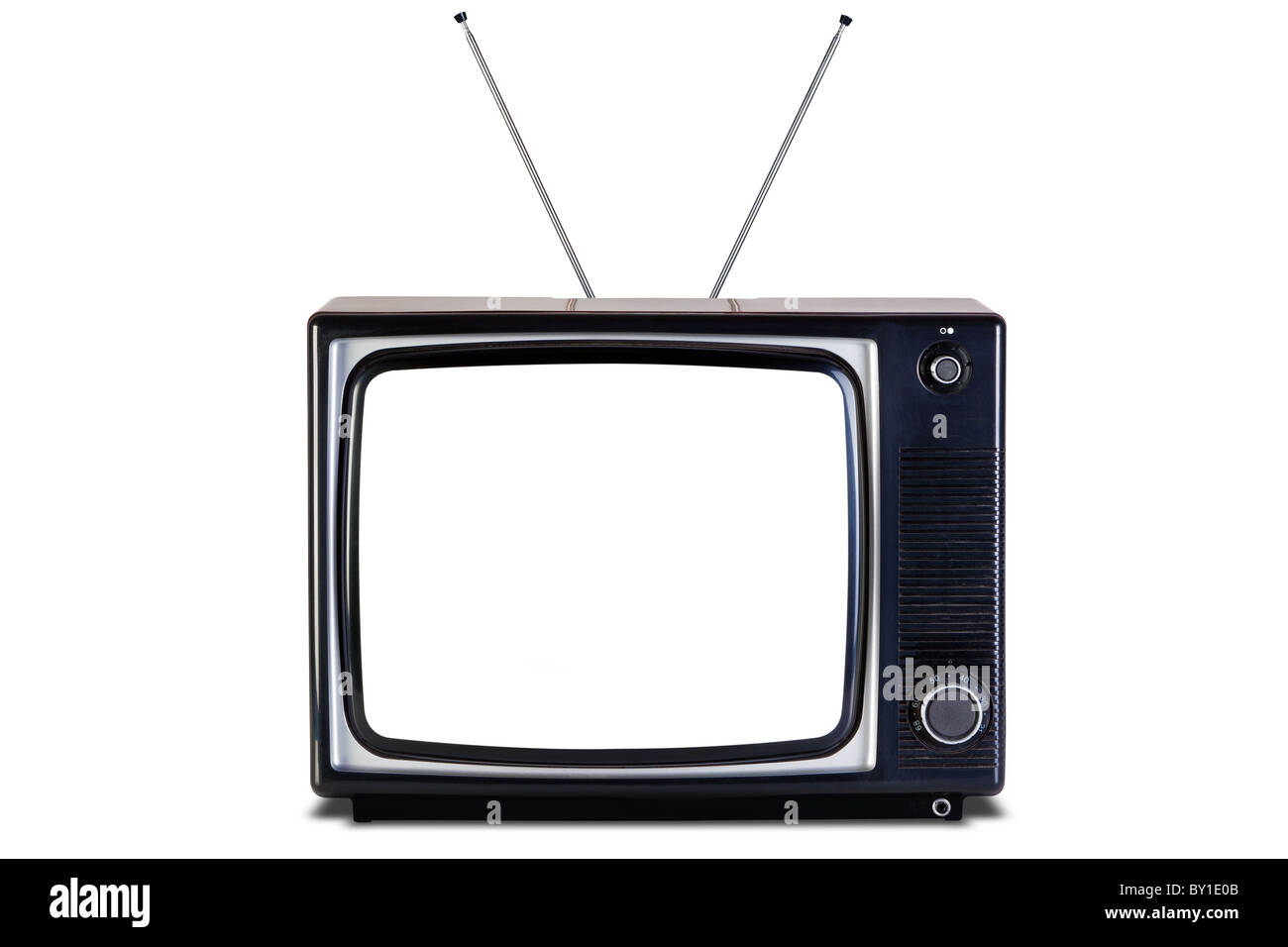 Old retro black and white tv set, blank screen,isolated on a white background with slight shadow, with clipping paths for televi Stock Photo