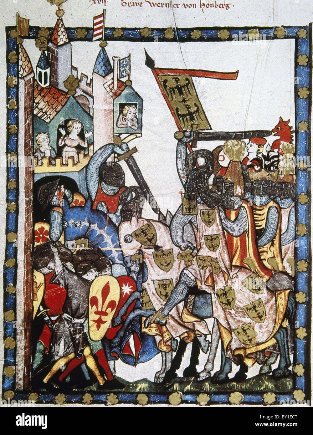 Werner Graf von Homberg (1284-1320) besieges a city defended by the troops of the Anjou from Sicily. Codex Manesse. Stock Photo
