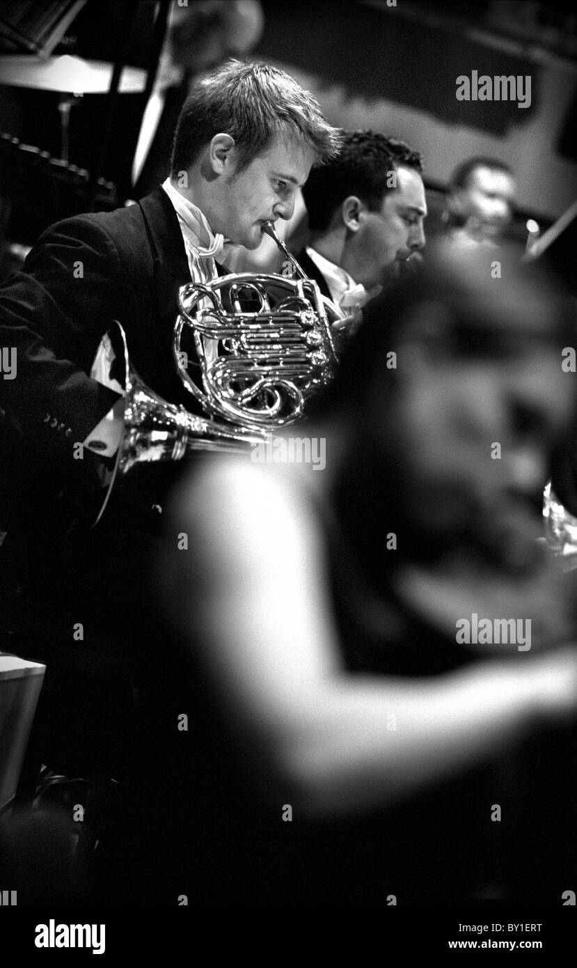 Brass section performing at the Welsh Proms, St Davids Hall, Cardiff. Stock Photo