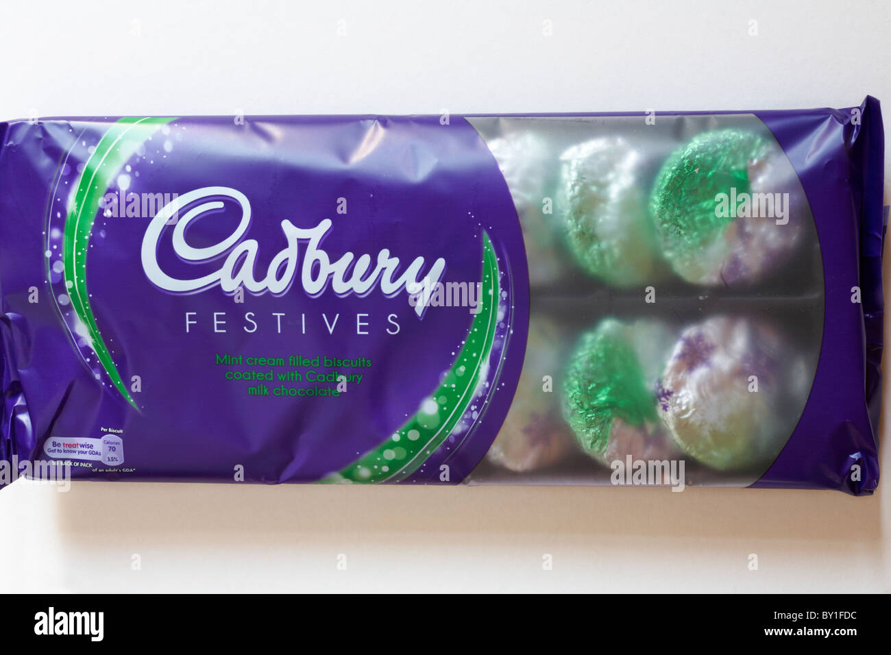 Packet of Cadbury Festives mint flavour biscuits isolated on white background Stock Photo