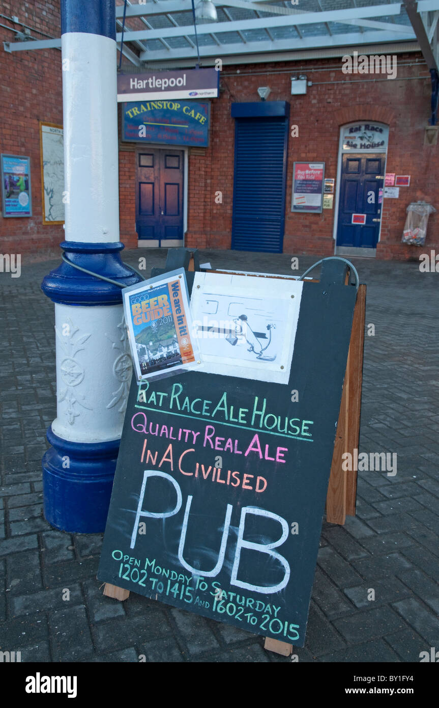 The Rat Race set up by CAMRA member Pete Morgan at Hartlepool Station is one of a growing number of 'micropubs' in the UK. Stock Photo