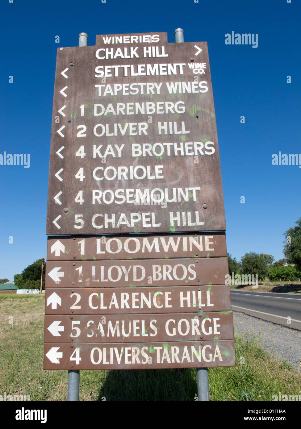 Detail of winery direction signs at Mclaren Vale near Adelaide in South Australia Stock Photo