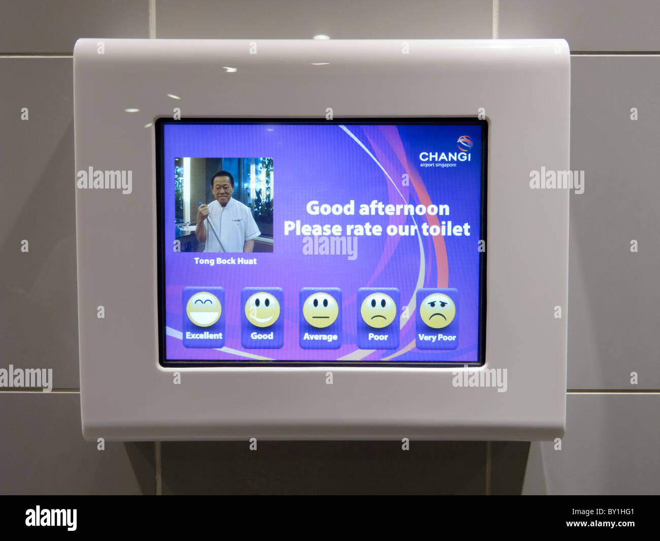 Detail of video customer satisfaction recording screen inside toilets at new Terminal 3 at Changi Airport in Singapore Stock Photo
