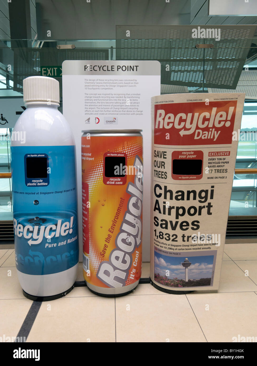 Waste bins designed for recycling at Changi Airport in Singapore Stock Photo