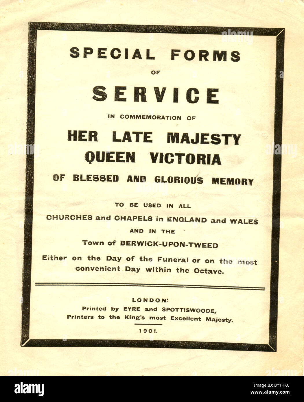 Form of service sheet for Queen Victoria Stock Photo