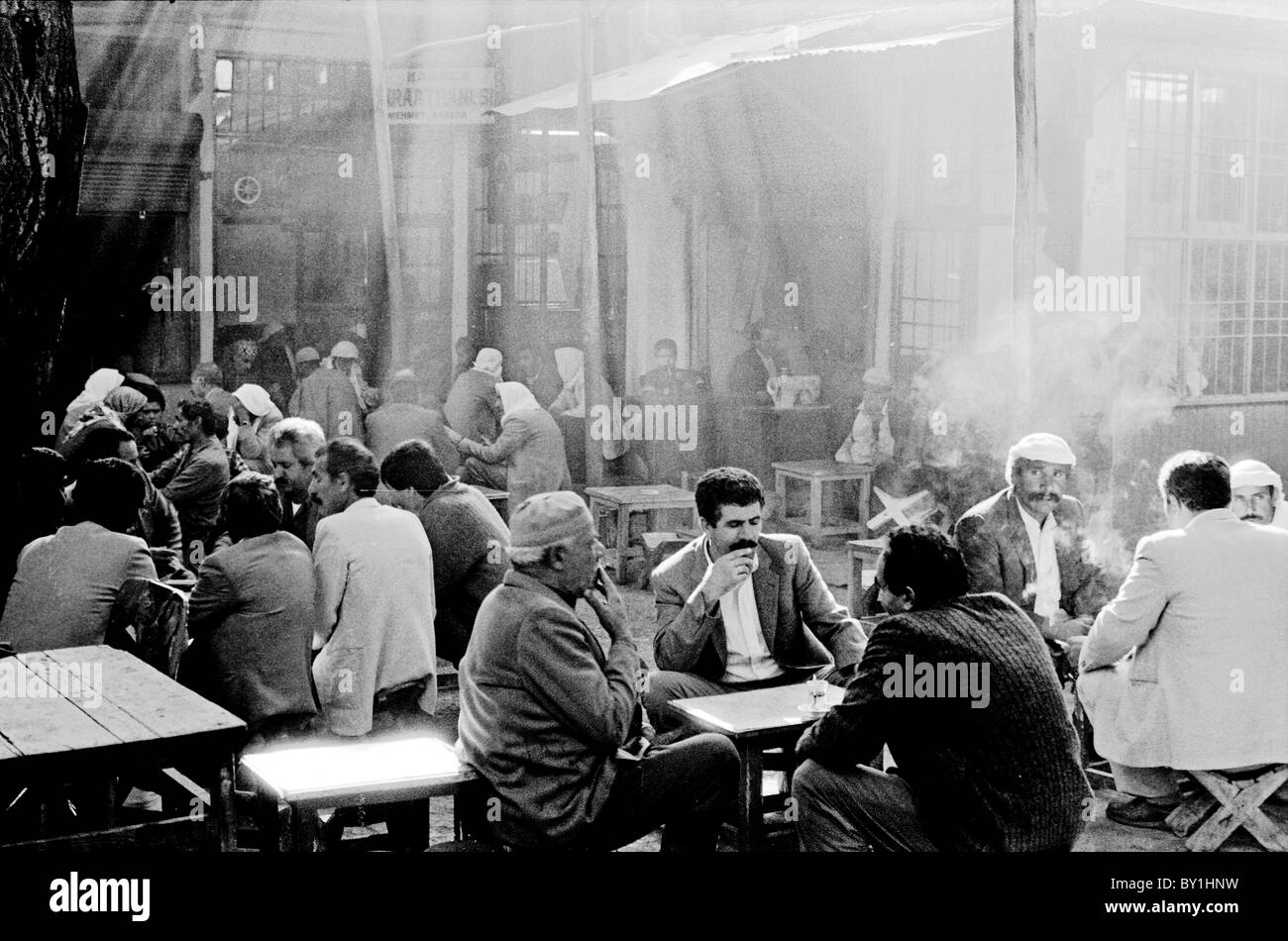Sanli Urfa south east Turkey Kurdistan Men gather at a tea shop in the bazaar. September 1990. Stock Photo