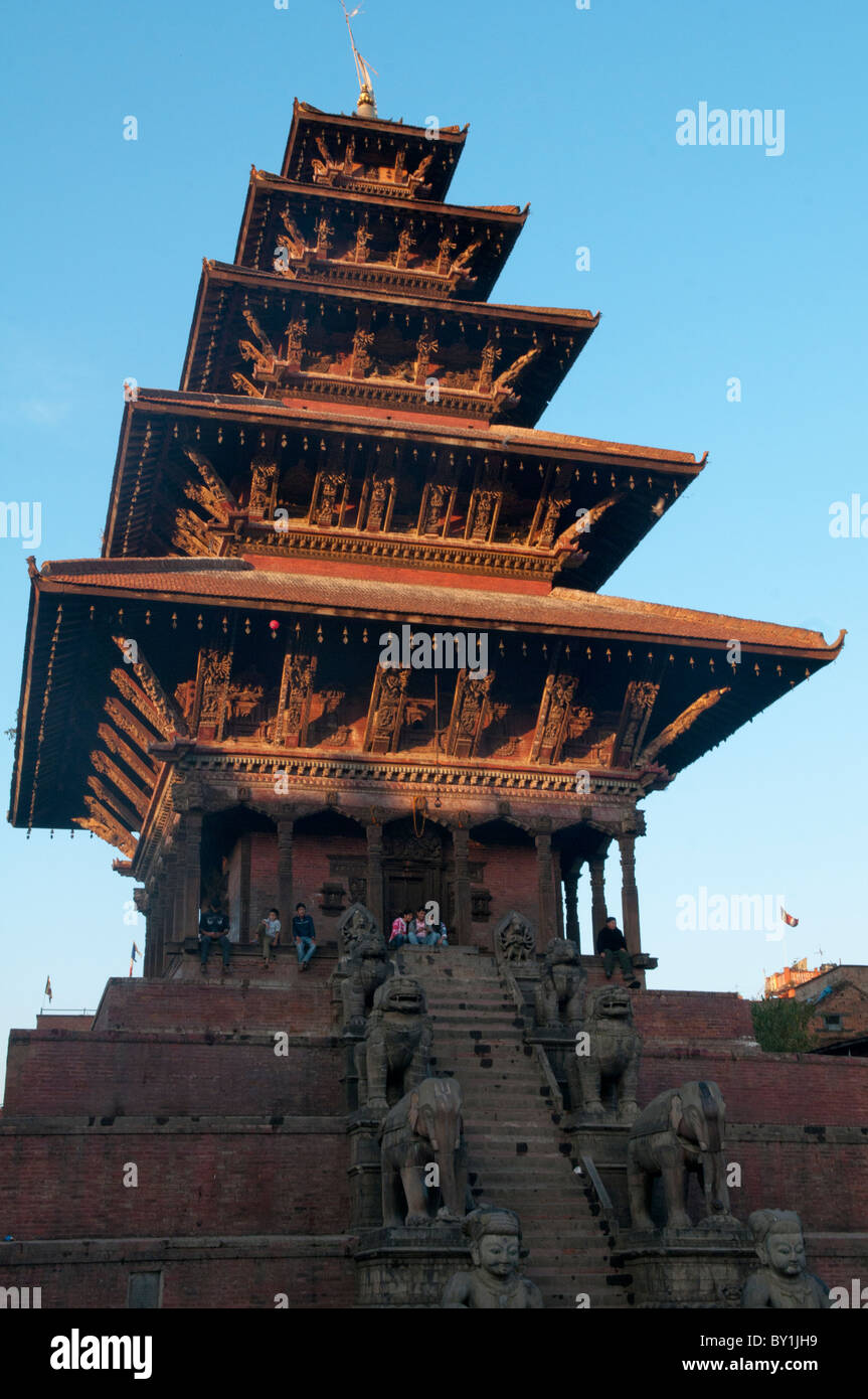 The sculpted Nyatapola Temple, center of the Taumadhi Tole Square in ancient Bhaktapur, near Kathmandu, Nepal Stock Photo