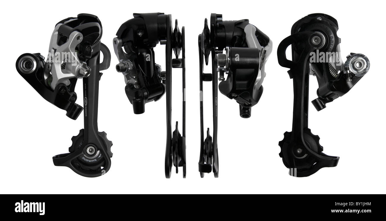 Mountain bike rear derailleur on white background Stock Photo Alamy