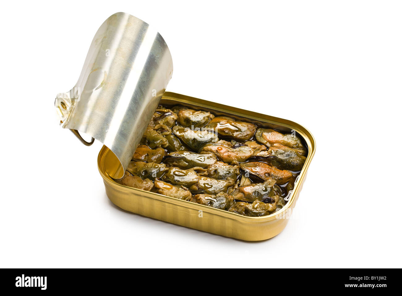 the smoked mussels in opened tin can Stock Photo