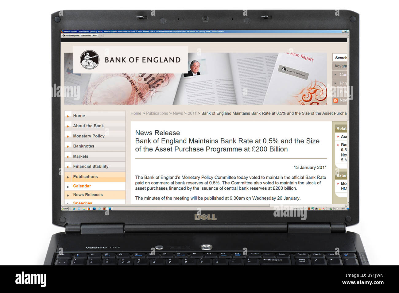 News Release on the Bank of England website about the January 2011 hold in interest rates at 0.5%, UK Stock Photo