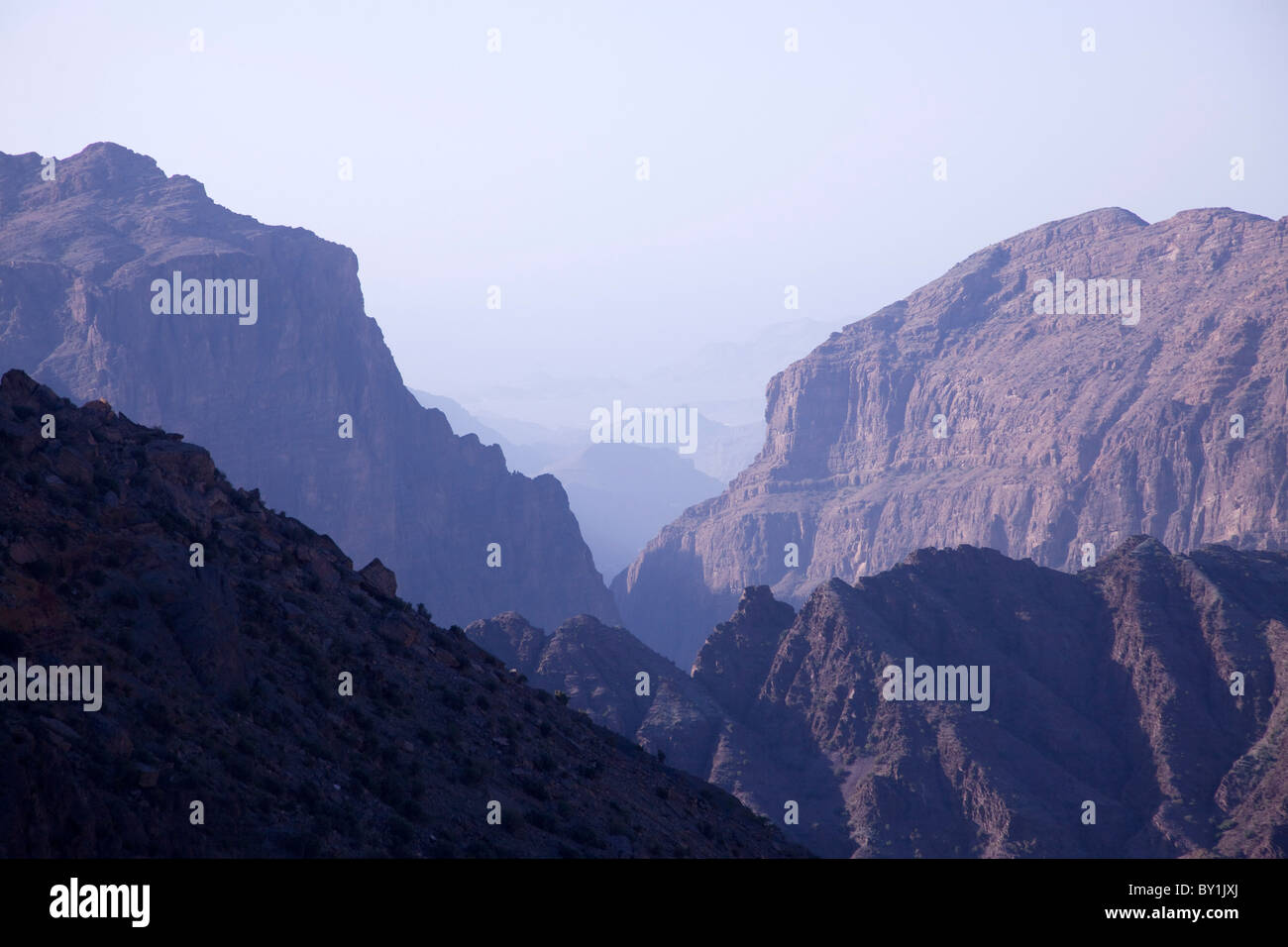 Oman, Al Jabal Al Akhdar. Evening light on mountain peaks. Stock Photo